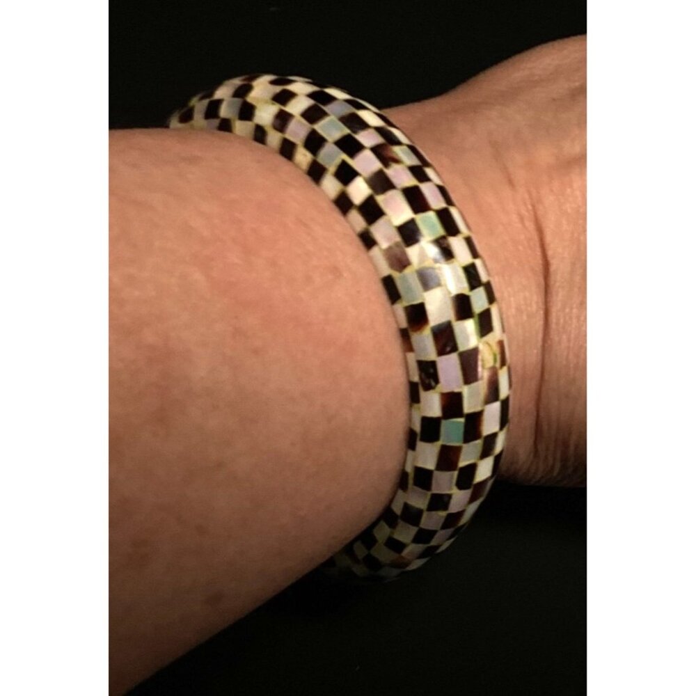 Checkered Mother Of Pearl Mosaic Bangle Bracelet Handcrafted Artisan Jewelry - Picture 2 of 9